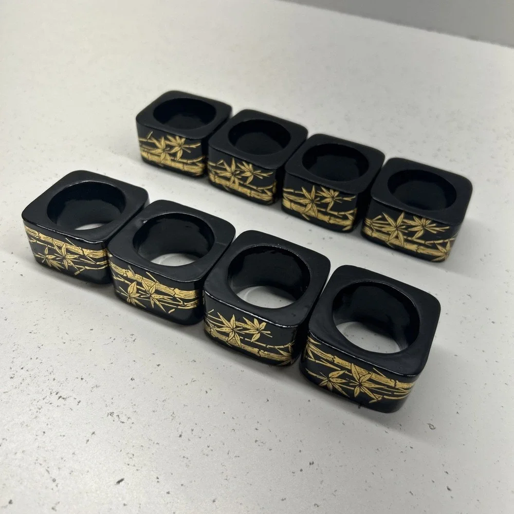 Vintage Black Lacquer Napkin Rings Set of 8 Gold Bamboo Asian Table Decor